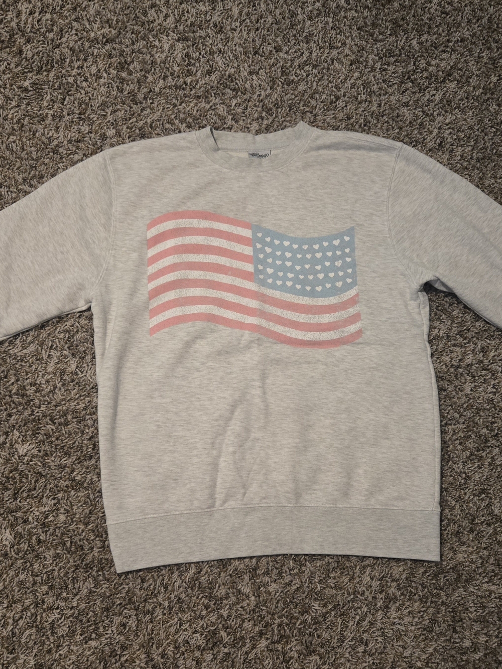 Living Fully CO. Light Gray Crewneck Sweater with Red & Blue Heart Flag Graphic